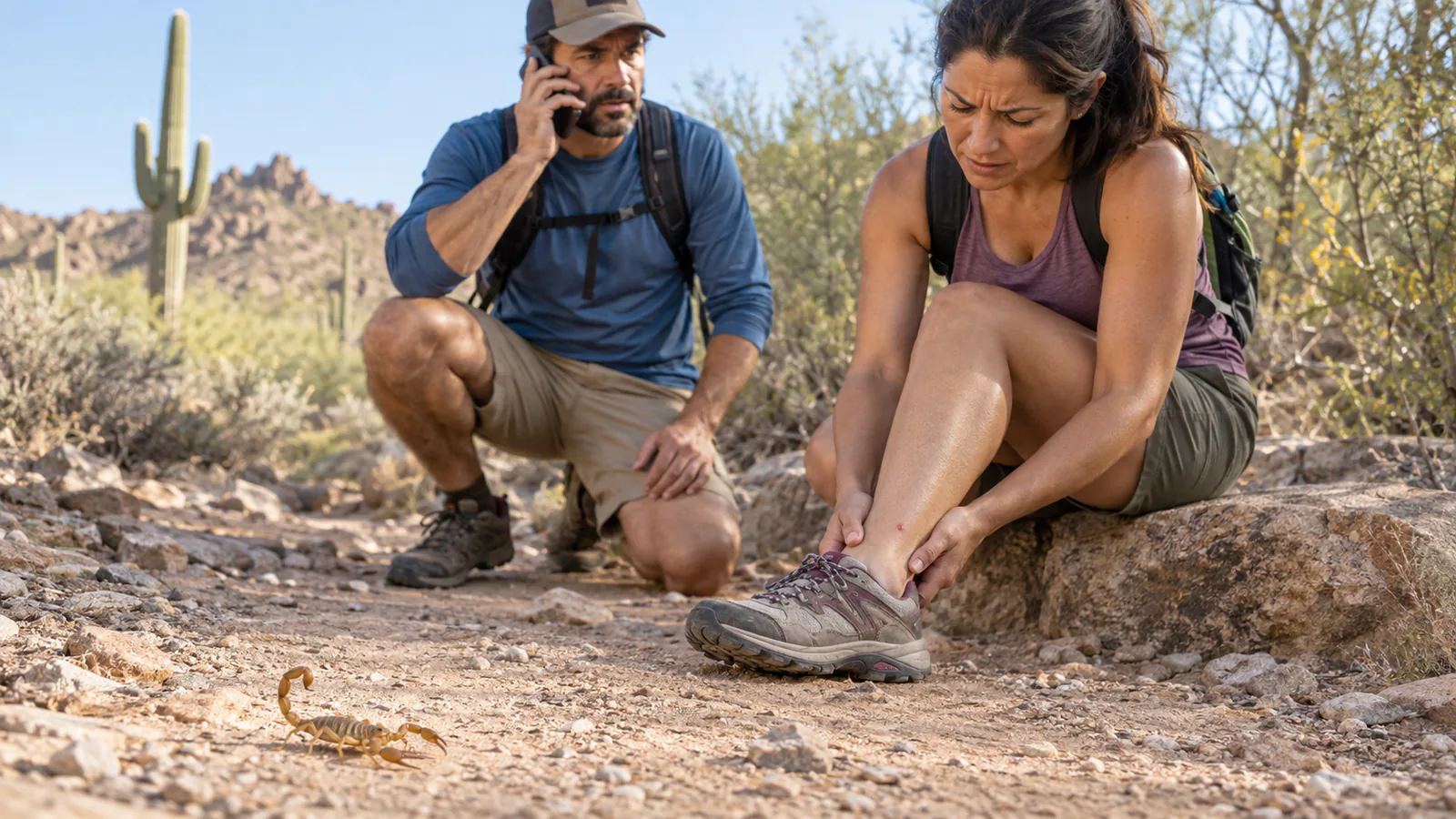 An alert hiker holds her ankle after a scorpion sting while another hiker calls for help on an Arizona trail.