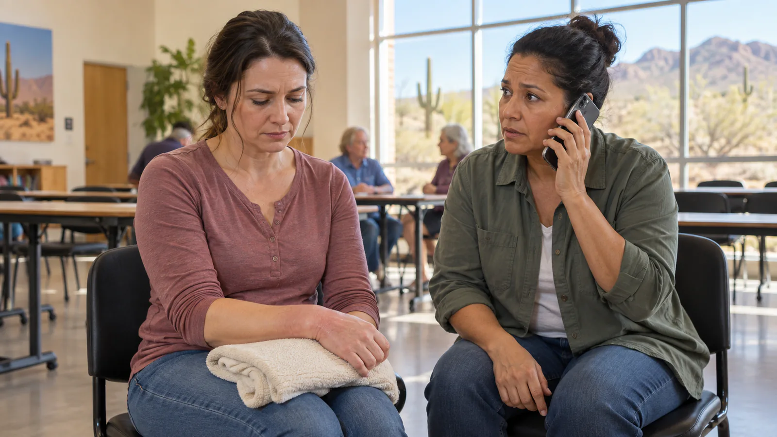 An alert woman rests her injured wrist on a folded towel while another adult calls for help.