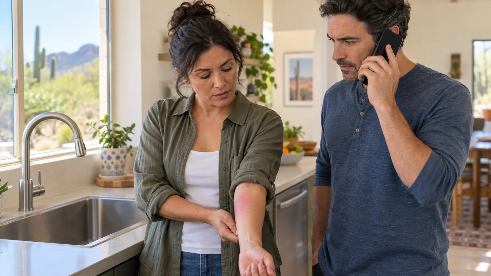 An alert woman examines mild redness on her forearm while another adult calls for advice in a kitchen.
