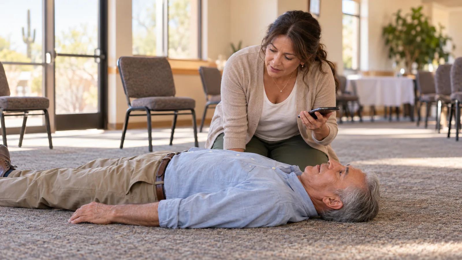 A calm woman checks on an awake older man lying flat after fainting in a fellowship hall.
