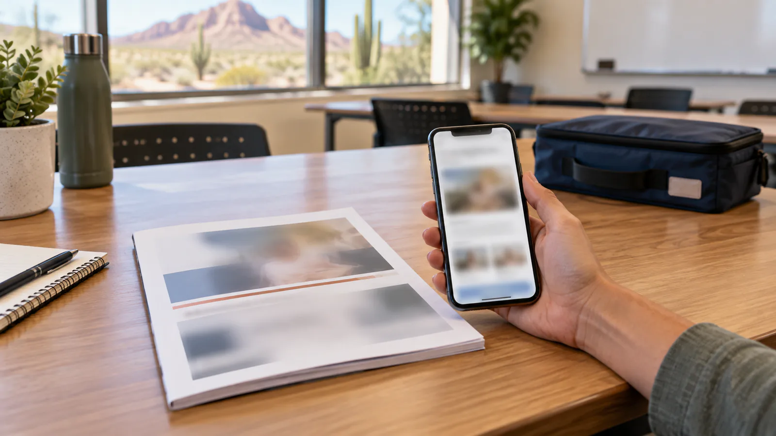 A hand holds a smartphone above a printed class packet on an Arizona classroom table.