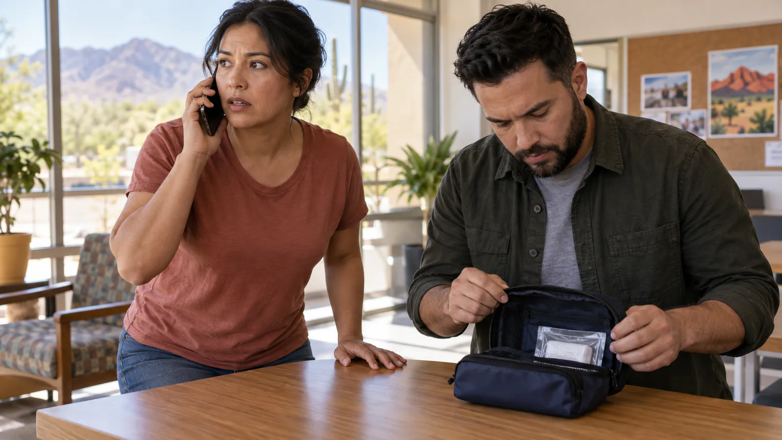 One adult calls for help while another finds an unopened nasal-spray package in a first-aid pouch.