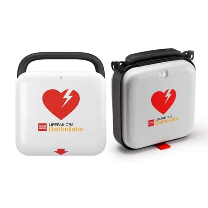 LIFEPAK CR2 AED shown with handle and carrying case options
