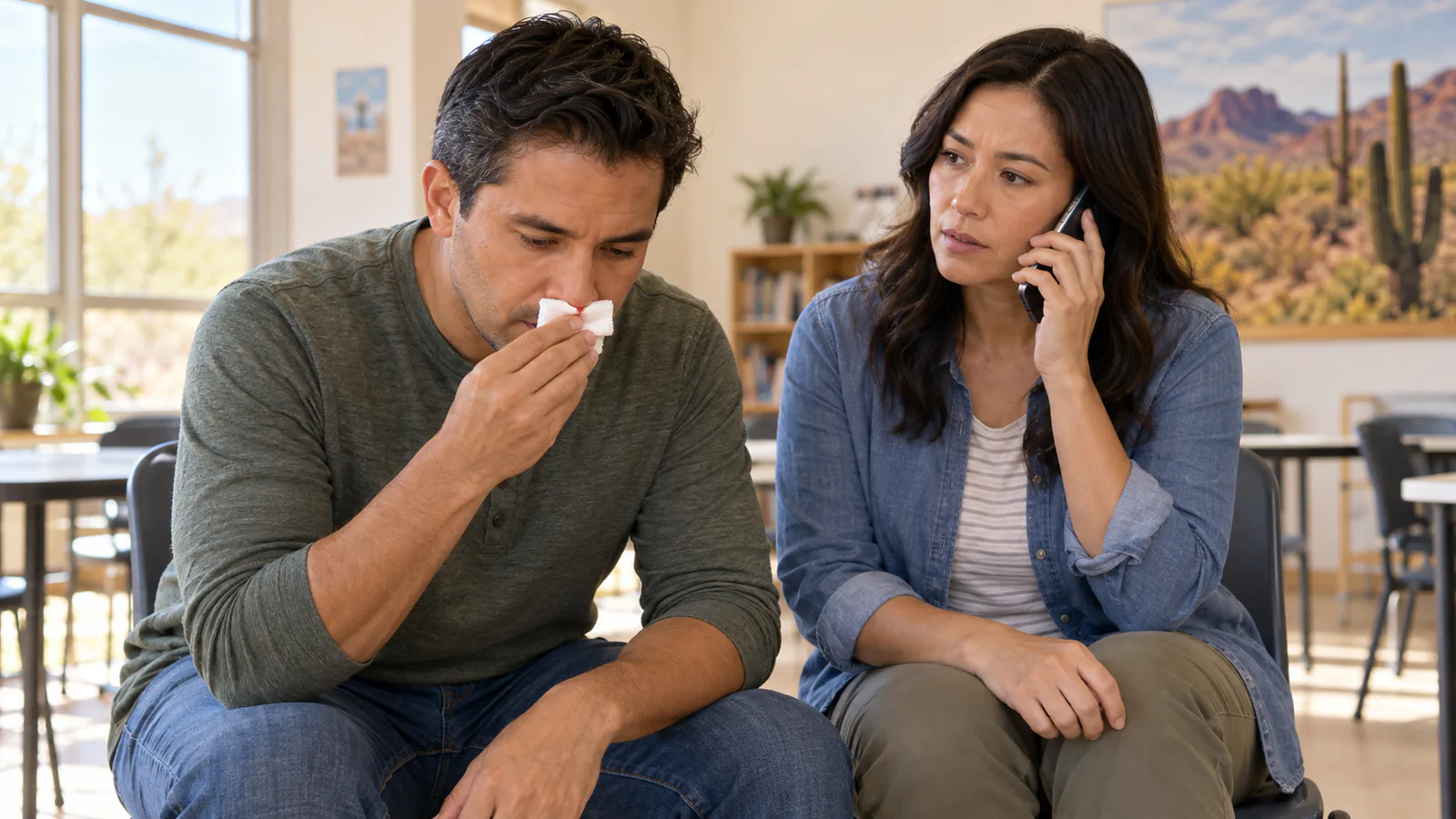 An alert man leans forward with clean gauze beneath his nose while another adult calls for advice.