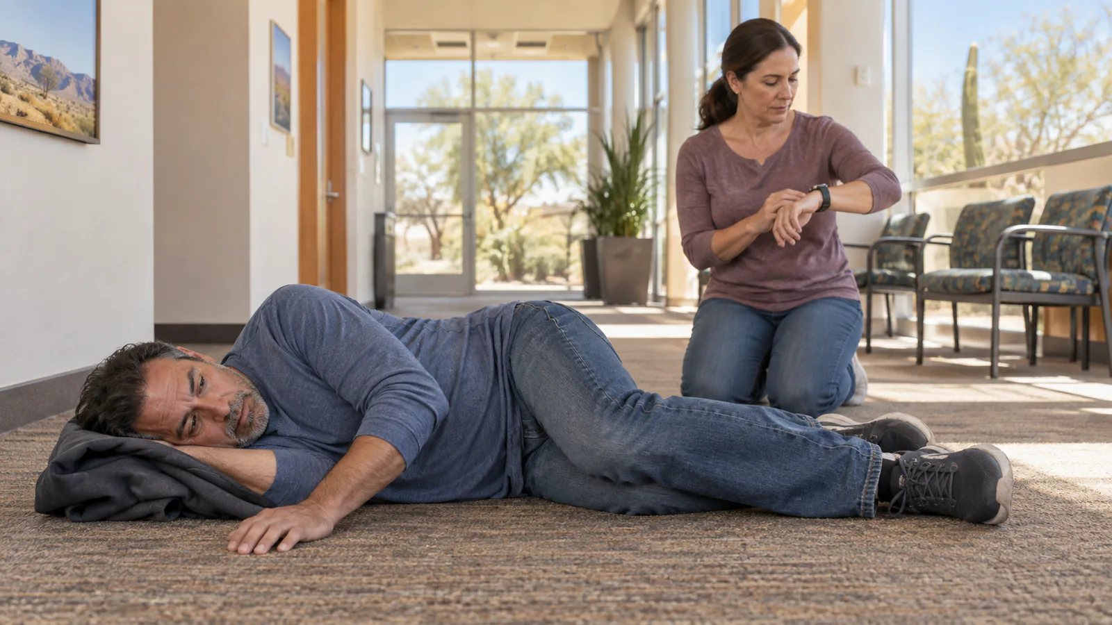 An awake man rests safely on his side after a seizure while a nearby helper checks the time.