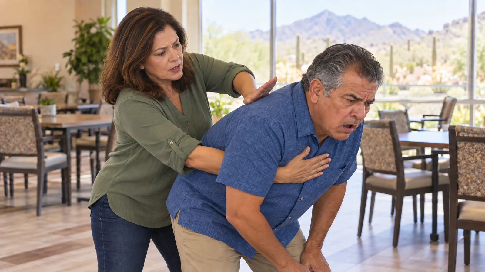 A woman supports an awake man leaning forward while delivering a back blow between his shoulder blades.
